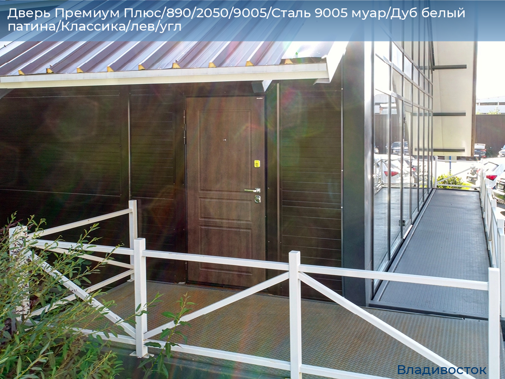 Дверь Премиум Плюс/890/2050/9005/Сталь 9005 муар/Дуб белый патина/Классика/лев/угл, vladivostok.doorhan.ru
